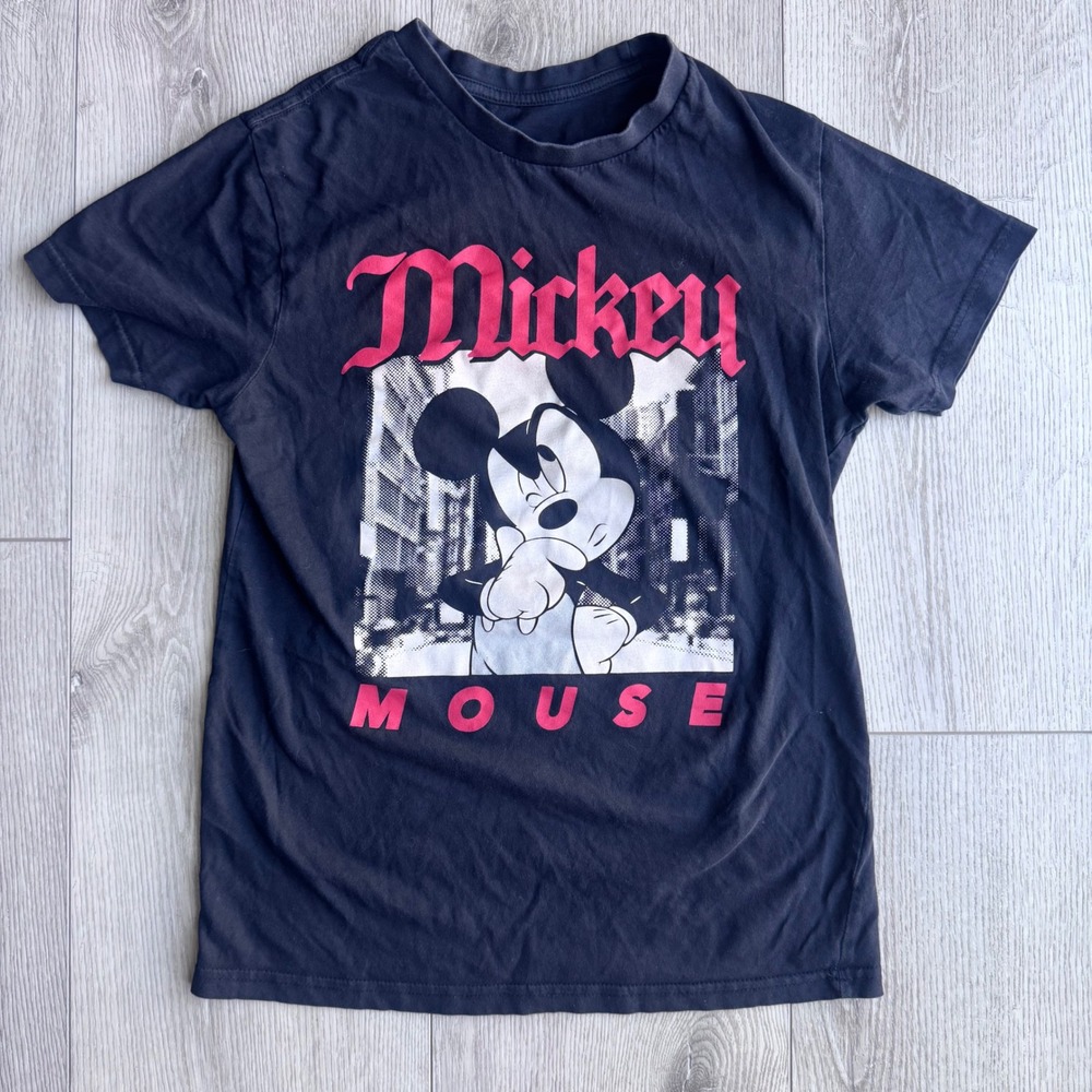 Disney Mickey Mouse Graphic T-Shirt Black Red Gothic Text Small Short Sleeve